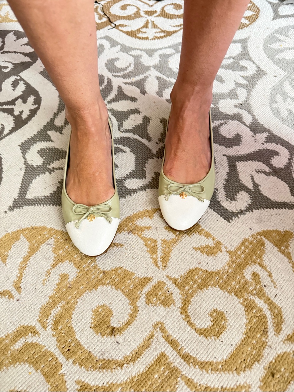 Tory Burch Two-Tone Bow Ballet Flats in White & Light Green